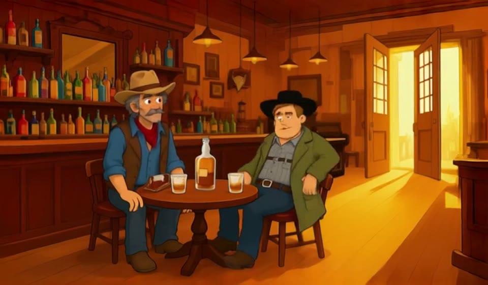 Two cowboys at a campfire