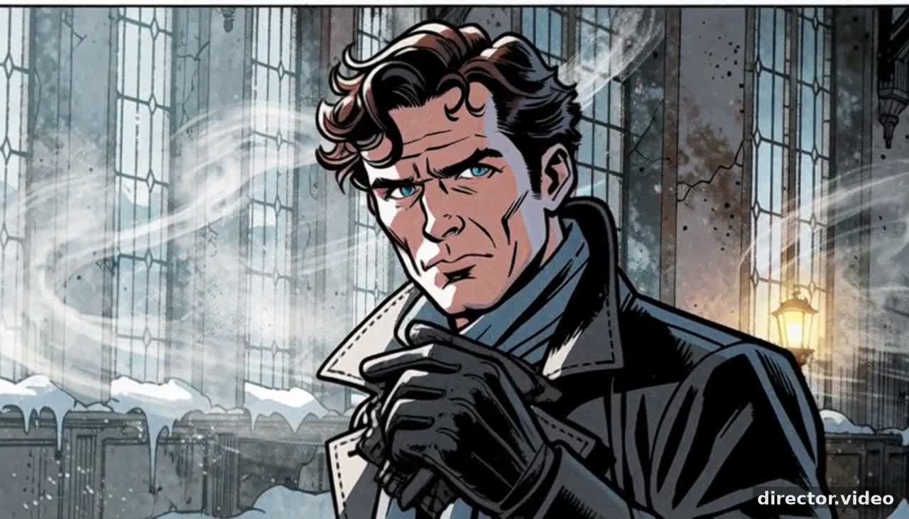A comic-book detective in a snowy hall