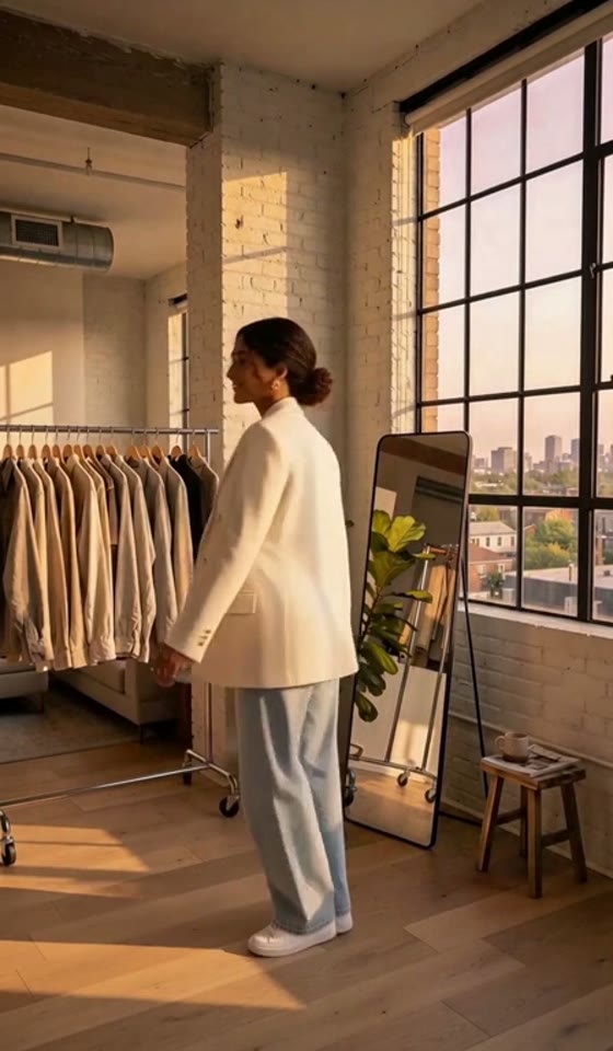 A presenter in a loft showing an outfit